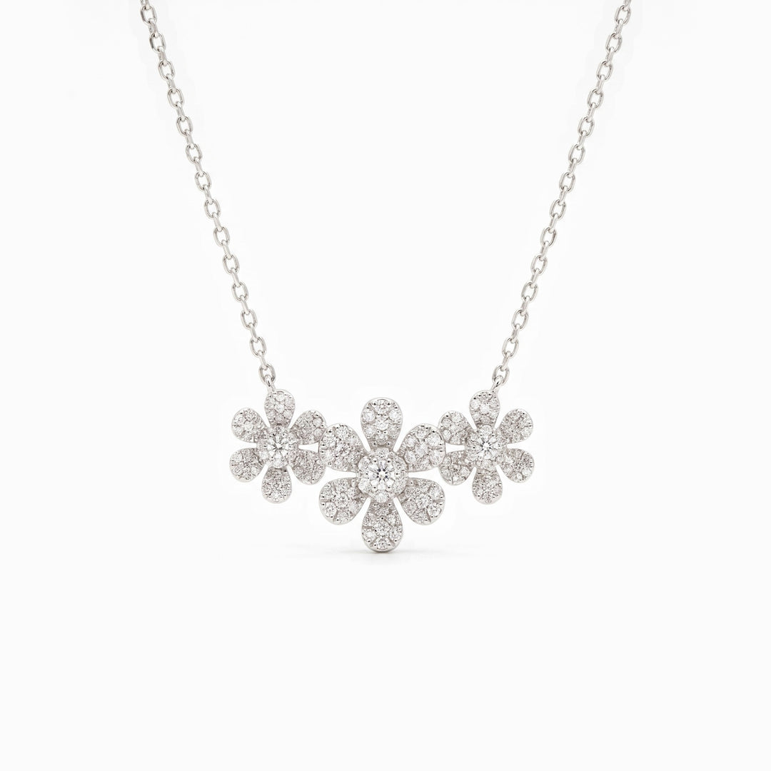 Diamond Triple Flower Necklace in 18K White Gold, view 1