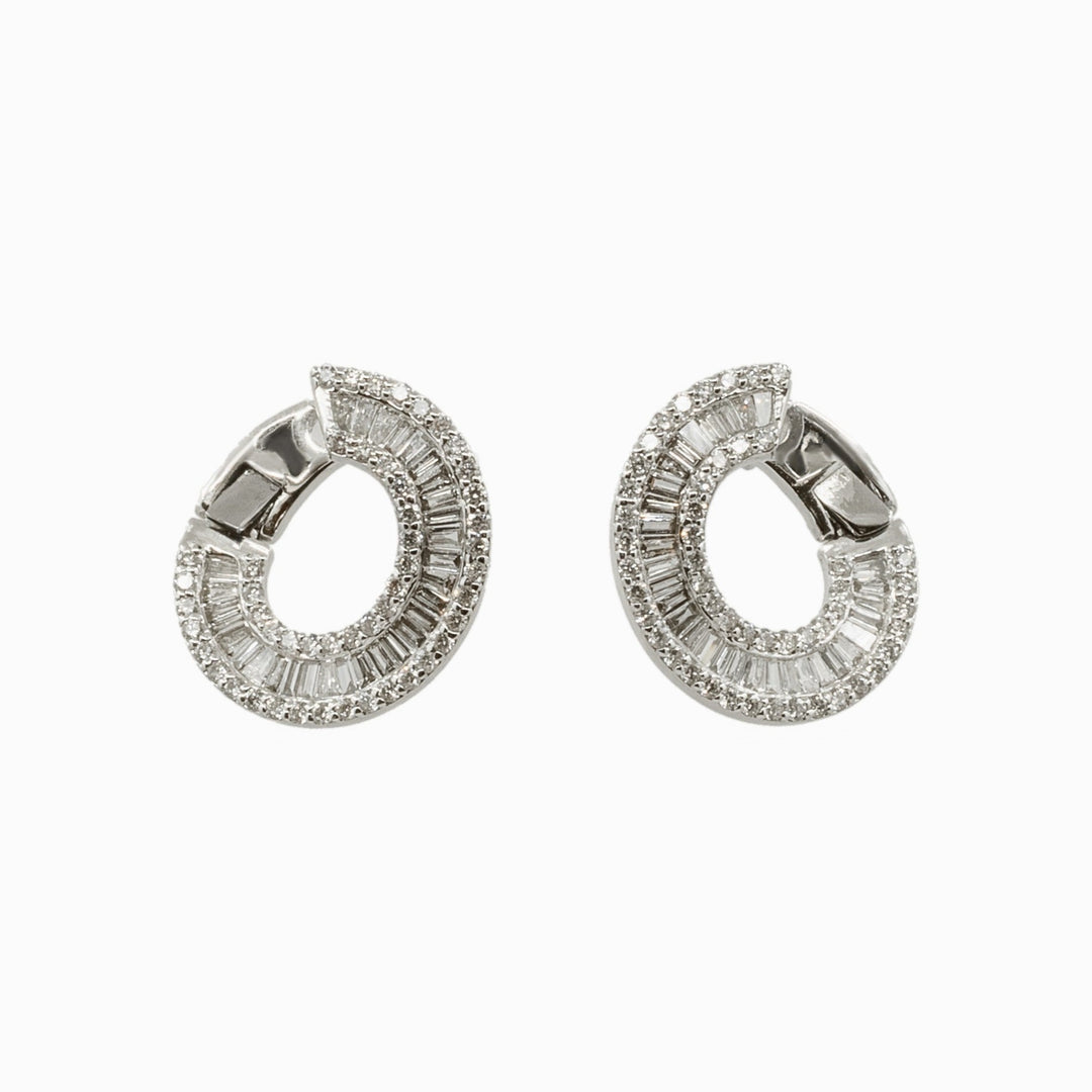 Baguette Diamond Swirl Earrings in 18K White Gold, view 1