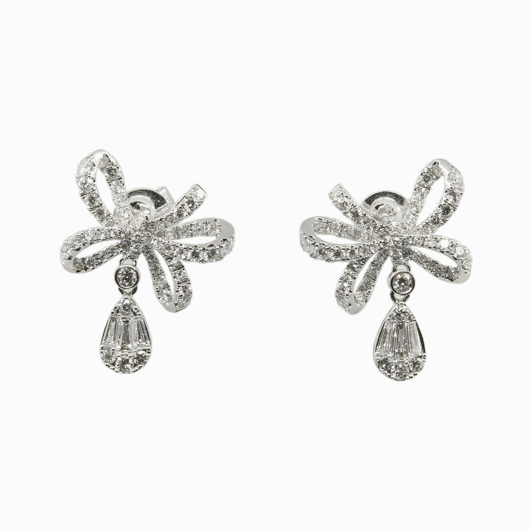 Diamond Bow Drop Earrings in 18K White Gold, view 1