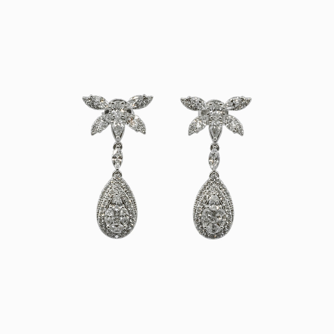 Diamond Flower Drop Earrings in 18K White Gold, view 1