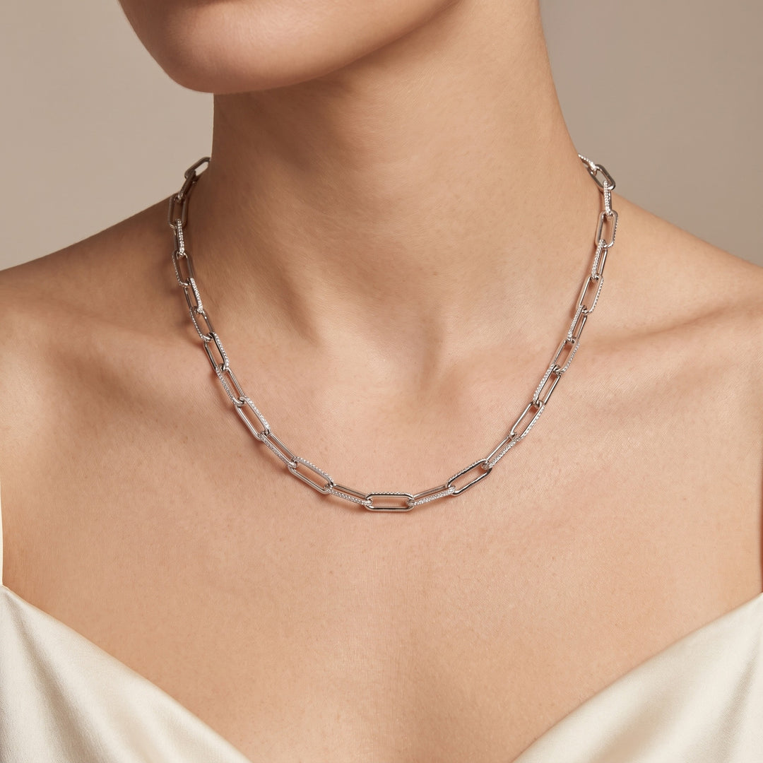 Diamond Paperclip Link Necklace in 18K White Gold, view 1