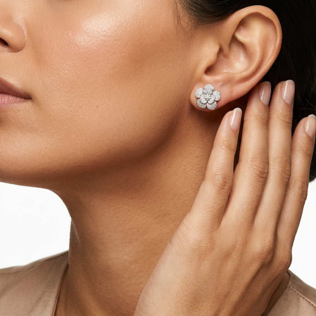 Diamond Flower Earrings in 18K White Gold