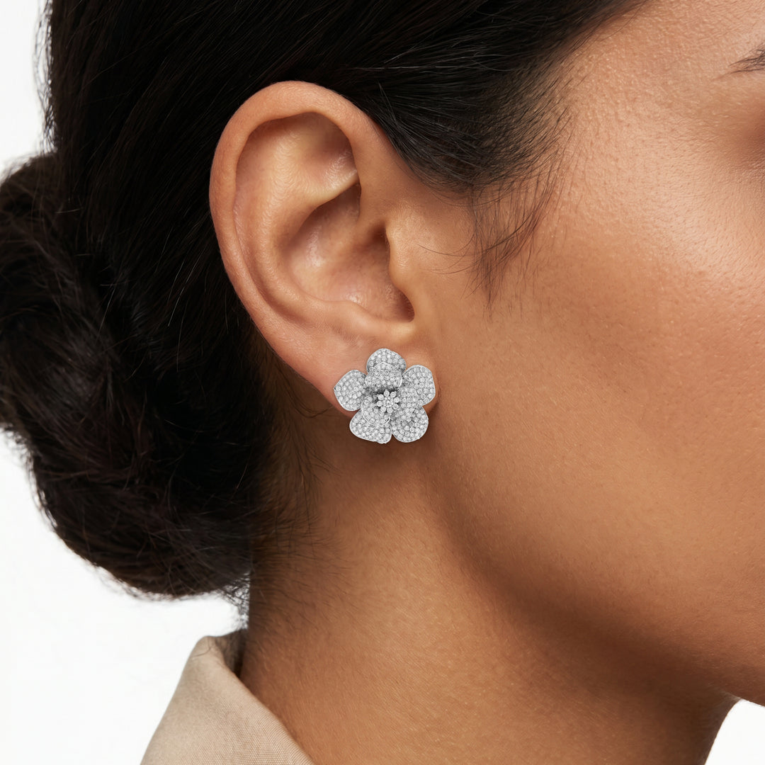Diamond Flower Earrings in 18K White Gold
