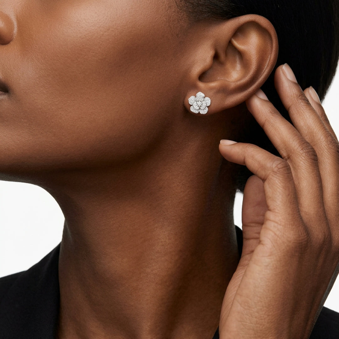 Diamond Flower Earrings in 18K White Gold