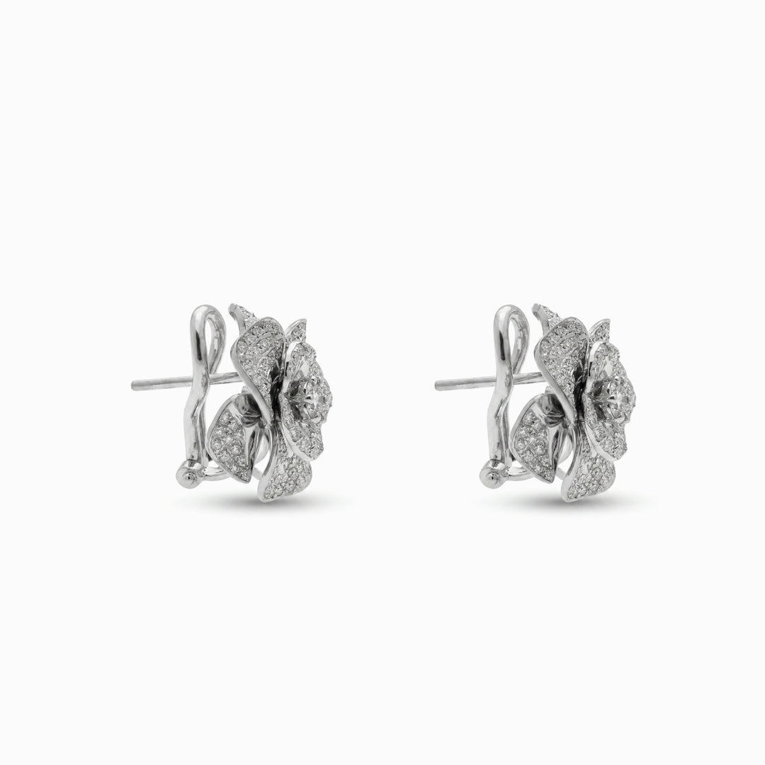 Petite Diamond Flower Earrings in 18K White Gold