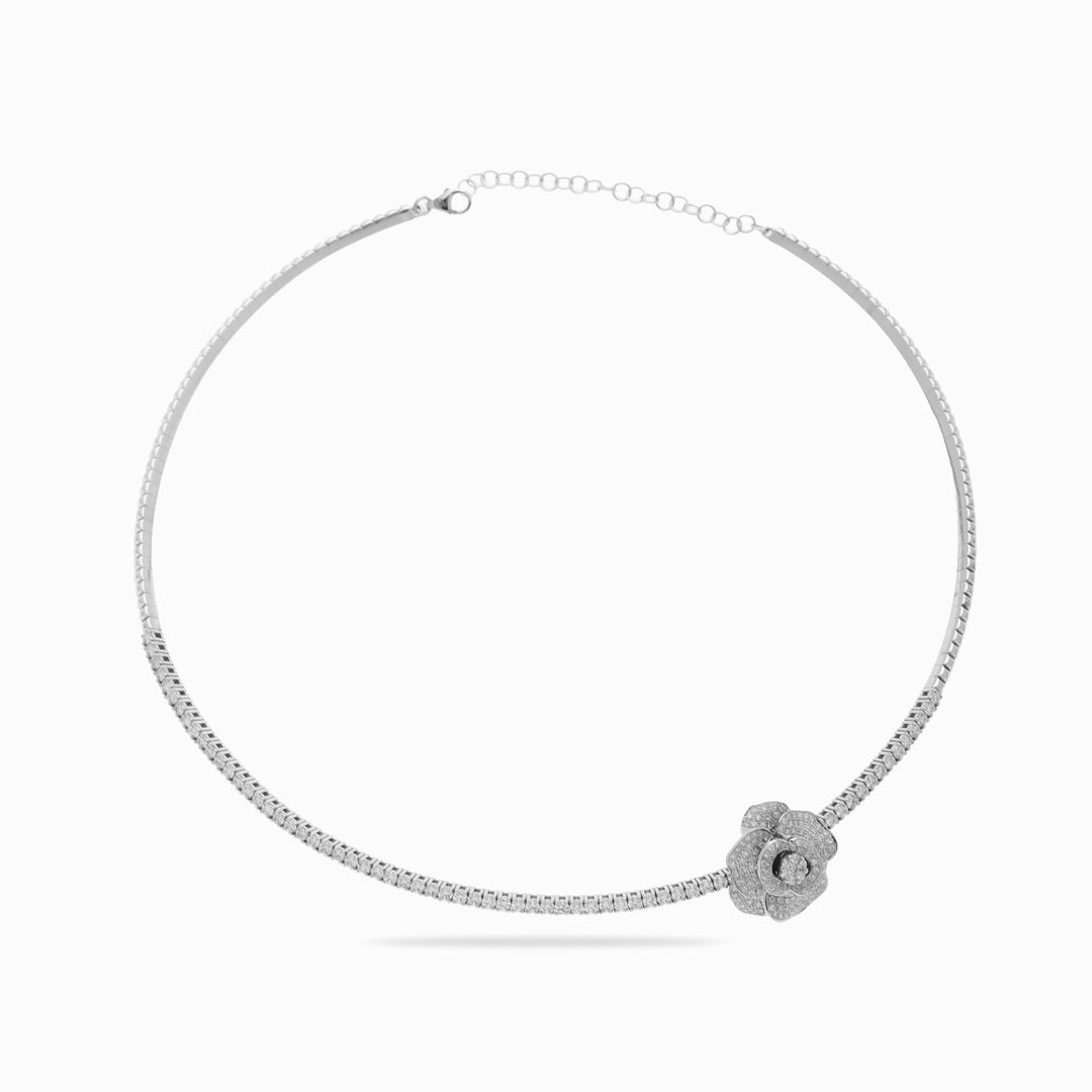 Petite Diamond Flower Necklace in 18K White Gold