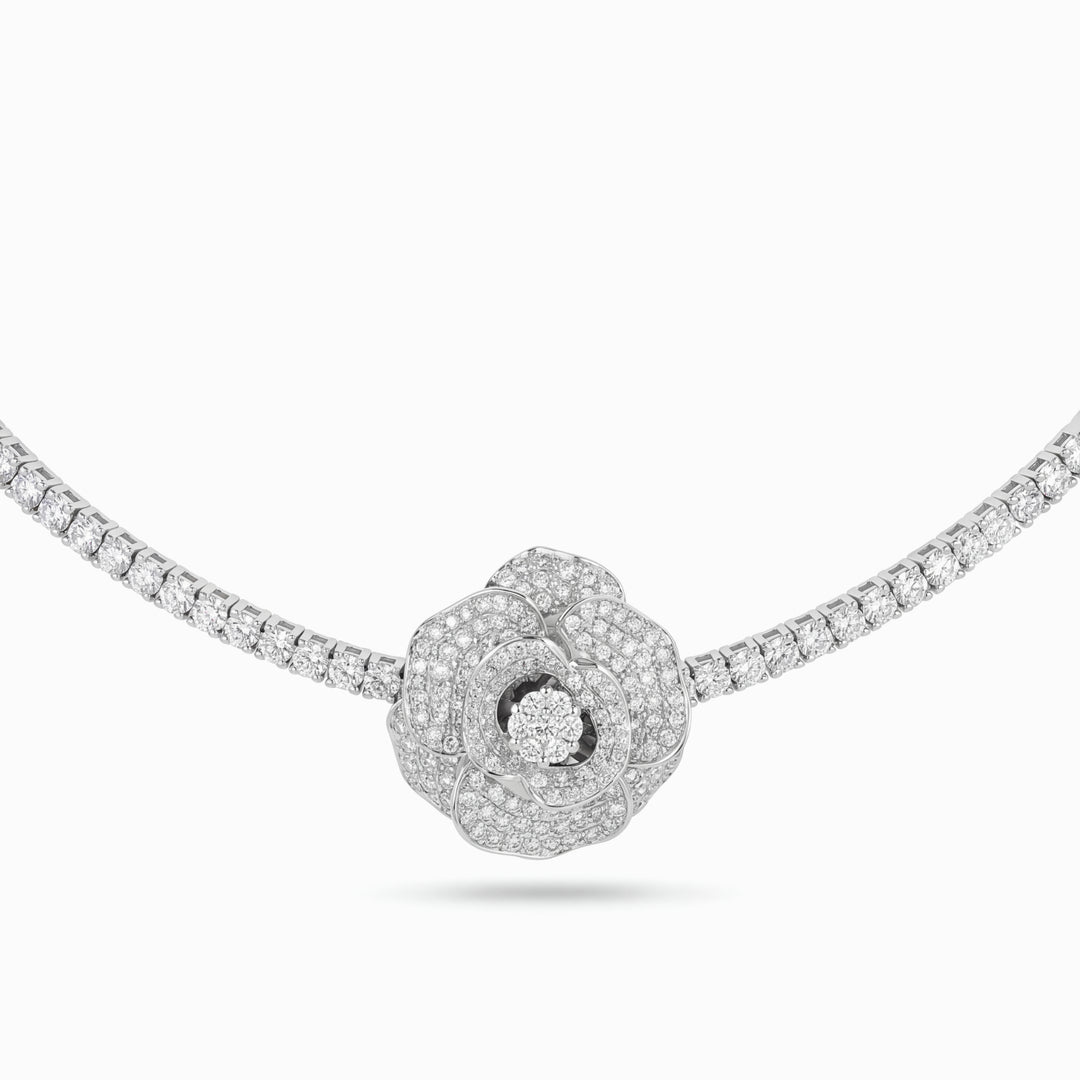 Petite Diamond Flower Necklace in 18K White Gold